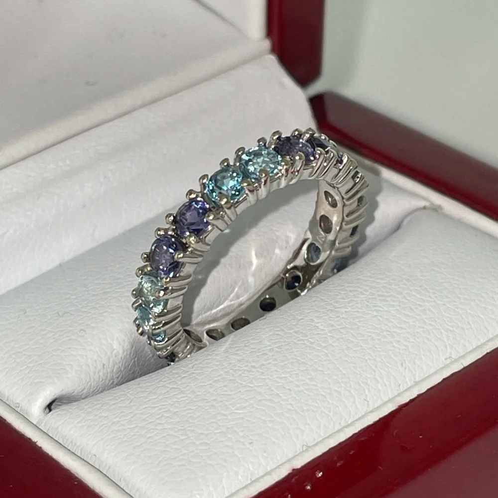 Solid 18K White Gold Eternity Band Ring (not 14K) Purple Blue Natural Gemstones